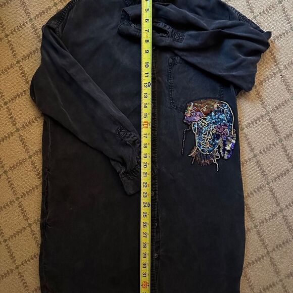 Zara Basic Black Denim Shirt Dress with embellished face detail on front S - Picture 8 of 9
